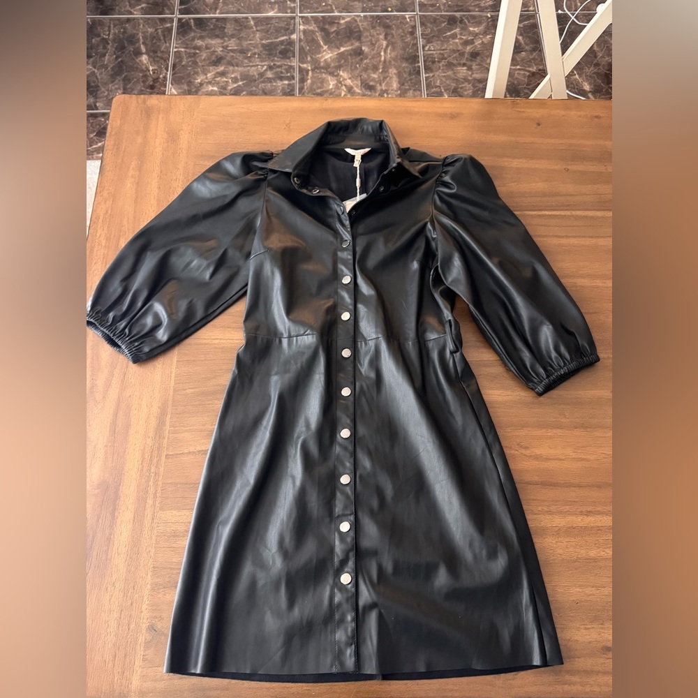 Esquali Black Faux Leather Button-Up Dress 4 NWT
